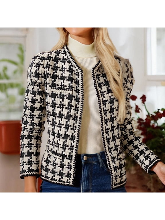 Womens Tweed Blazer Plaid Lightweight Long Sleeve Open Front Work Office Short Jacket Fall Winter Trendy Crew Neck Suit Outerwear Elegant Business Coats