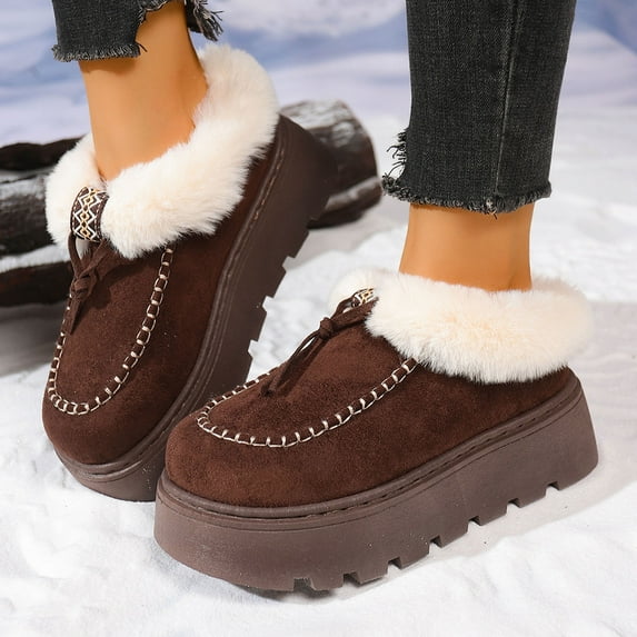 Gamivast Womens Winter Boots Ankle Length Slip-On Warm Fuzzy Fleece Lined Booties with Anti-Slip Casual Platformed Chunky Flat Heel Snow Shoes Trendy Round Toe Cozy Boot for Outdoor Indoor