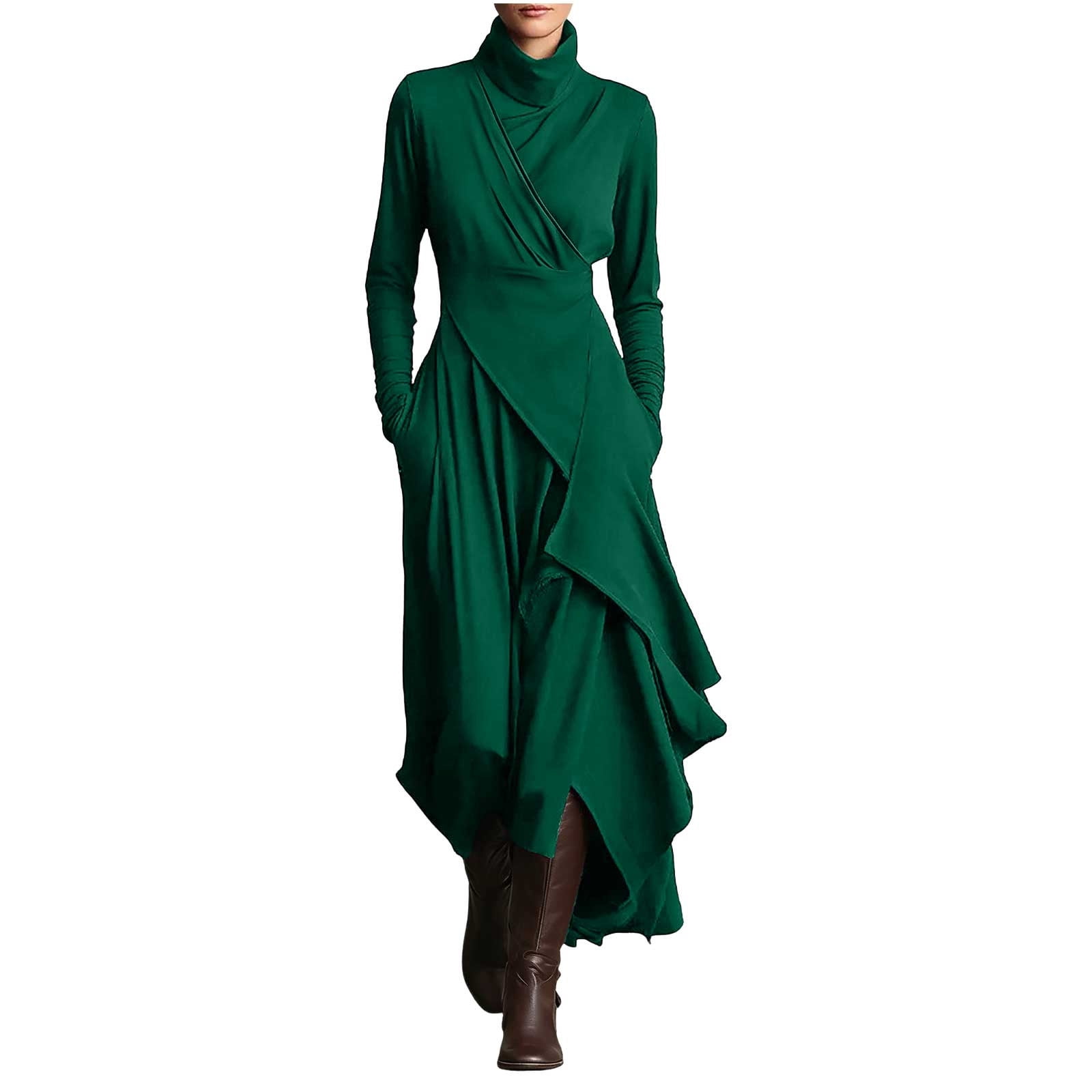 date night winter dresses Gamivast Womens Turtleneck Long Sleeve Midi Dress Irregular Hem Goth Dress Ruched Wrap Elegant Party Evening Formal Wear Color:Begonia Pink Lace Wedding dress Shimmery Barbie Deluxe Style Doll