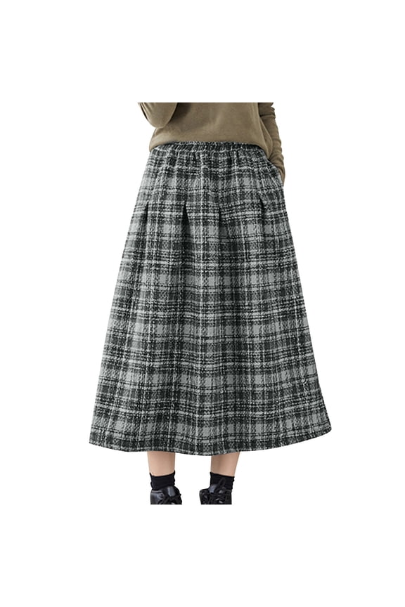 Womens Winter Skirt Elastic High Waist Plaid Skirt Vintage Tartan Check Pattern Long Skirt Warm A-Line Casual Spring Holiday Daily Wear