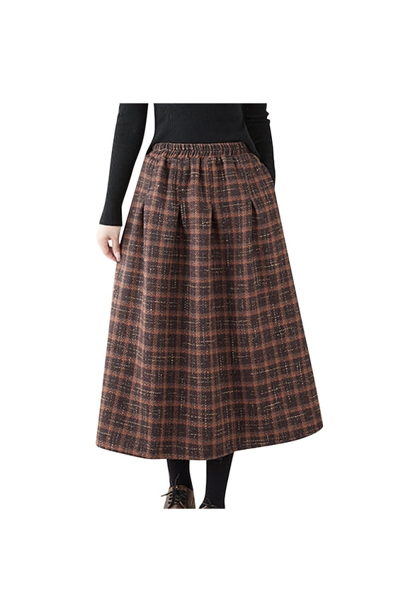 Womens Winter Skirt Elastic High Waist Plaid Skirt Vintage Tartan Check Pattern Long Skirt Warm A-Line Casual Spring Holiday Daily Wear