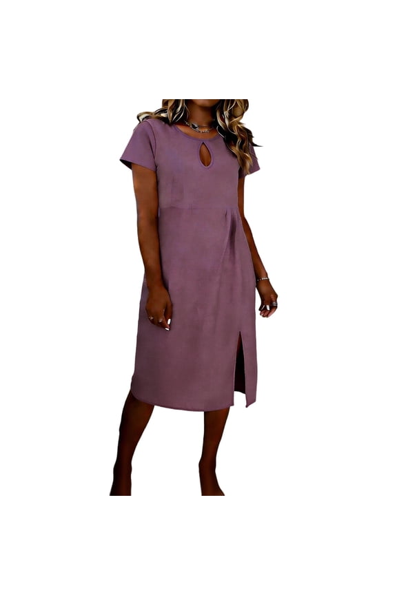 Womens Work Dresses Short Sleeve Keyhole Neck Shift Dress Front Split Hem Midi Dress Solid Color Casual Business Office Party Daily Wear Soft