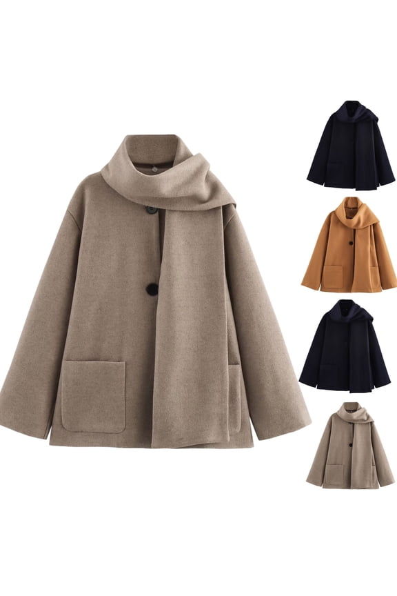 Wool Coat for Women Oversized Drop Shoulder Button up Peacoats with Scarf Trendy Long Sleeve Winter Trench Coat Warm Windbreaker Jackets with Pockets