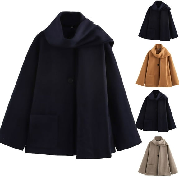 Gamivast Wool Coat for Women Oversized Drop Shoulder Button up Peacoats with Scarf Trendy Long Sleeve Winter Trench Coat Warm Windbreaker Jackets with Pockets
