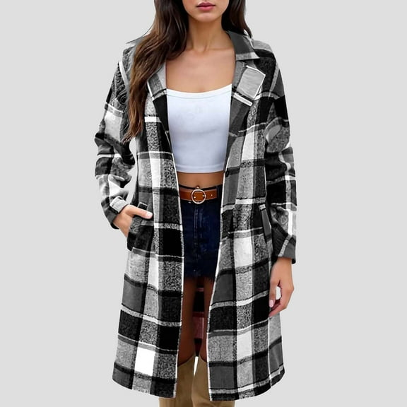 Gamivast Wool Coats for Women Flannel Oversized Plaid Button Down Notch Lapel Collar Winter Jackets with Pcokest Fall Fashion Long Sleeve Long Peacoats Casual Work Outfits