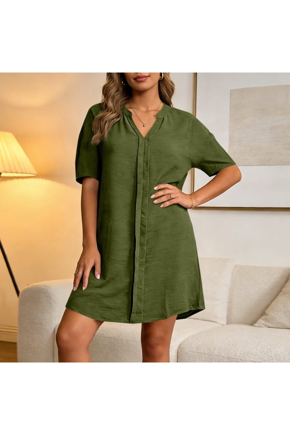 Work Dresses for Women Comfy Notch V Neck Short Sleeve Tunic Dress Loose Fit Button Down Detail Shift Dress Solid Elegant Office Daily Wear