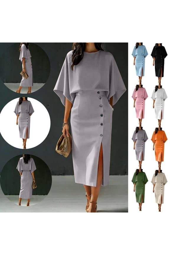 Work Sets for Women 2 Pieces Batwing Cape Sleeve Tops Side Slit Button Detail Classy Elegant Skirts Work Office Church Funeral Semi formal Outfits Gray XXL