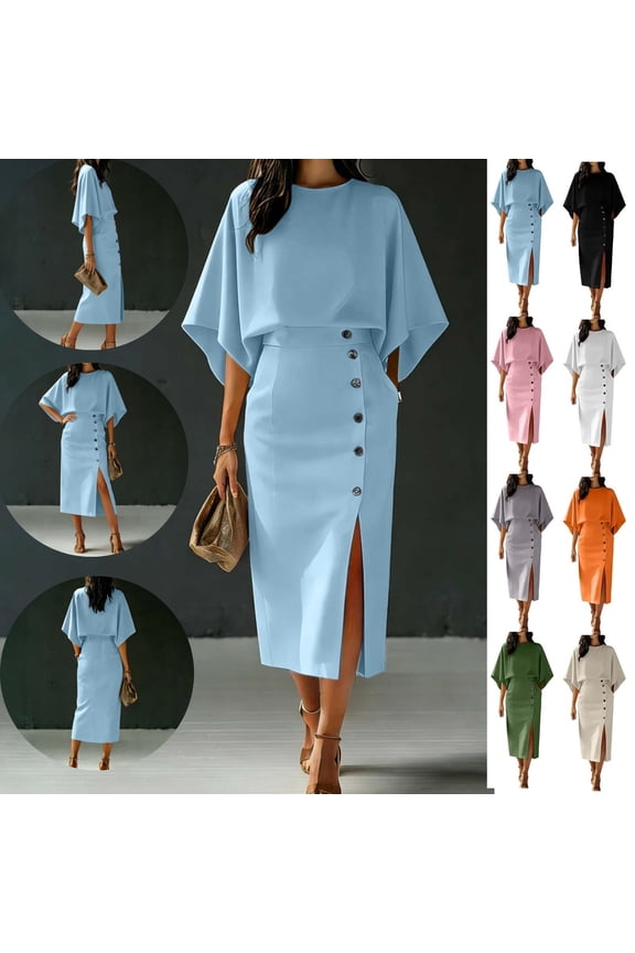 Work Sets for Women 2 Pieces Batwing Cape Sleeve Tops Side Slit Button Detail Classy Elegant Skirts Work Office Church Funeral Semi formal Outfits Blue L