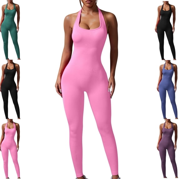 Gamivast Workout Jumpsuit for Women Halter Neck Ribbed Tummy Control Sleeveless one Piece Stretchy Butt Lifting Gym Workout Active Wear Outdoor Pants