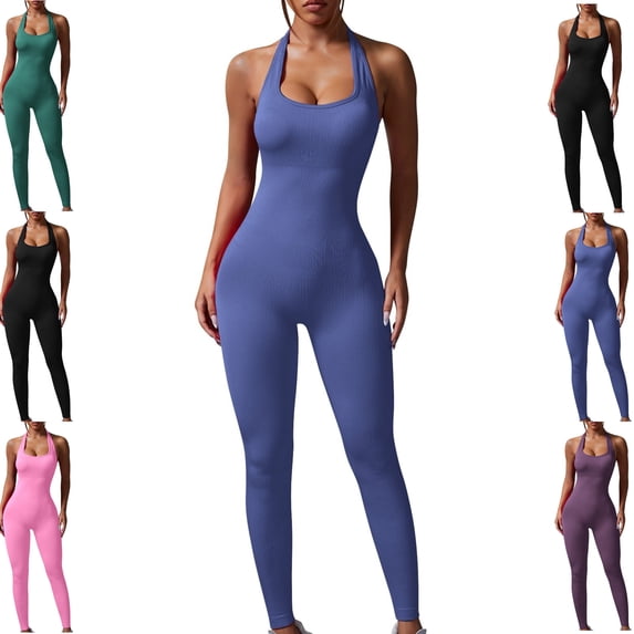 Gamivast Workout Jumpsuit for Women Halter Neck Ribbed Tummy Control Sleeveless one Piece Stretchy Butt Lifting Gym Workout Active Wear Outdoor Pants