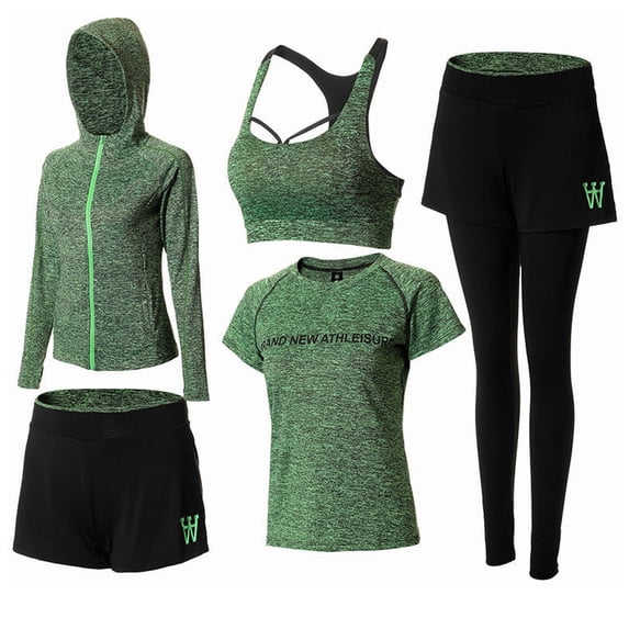 Gamivast Workout Sets for Women 5 Piece Gym Outfits Zip Hoodie T Shirt Sports Bra Shorts & Leggings Athletic Clothing Yoga Fitness Activewear