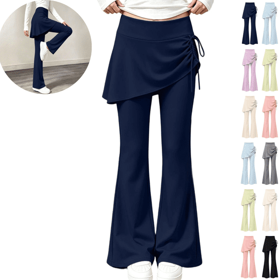 Gamivast Yoga Pants for Girls Flare Strenchy Skirted Leggings High Waisted Elastic Waist Bootcut Activewear with Asymmetrical Skirt Ruched Tie Side Leggings