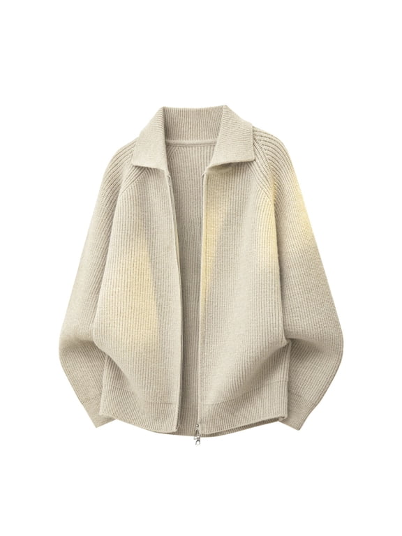 Zip Up Cardigan Sweaters for Men Lapel Collar Ribbed Knit Jacket Casual Drop Shoulder Fall Outerwear Slouchy Jumper Coat