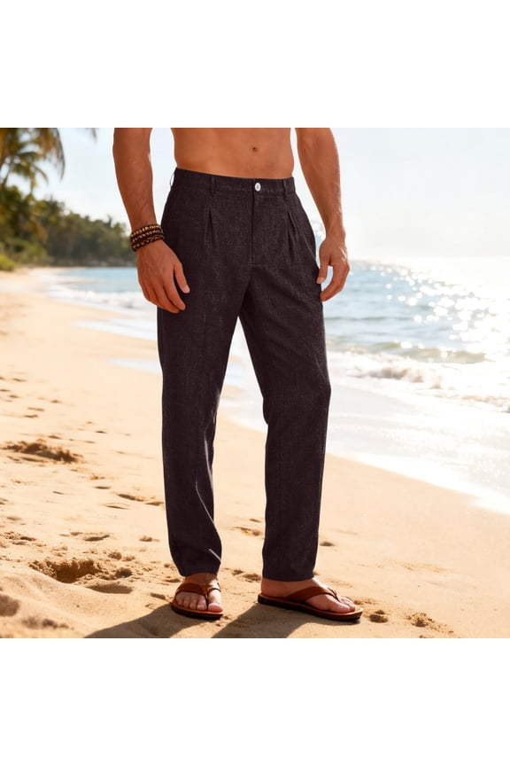 formal Pants Men Pintuck Detail Straight Leg Solid Color Dress Pants Breathable Linen Pants Lightweight Business Casual Office Daily Wear