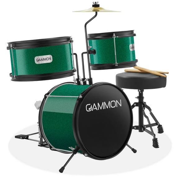 Gammon 3-Piece Junior Drum Set - Green, Starter Drum Kit with Throne, Cymbal, and Drumsticks
