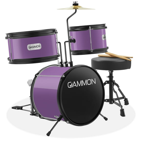 Gammon 3-Piece Junior Drum Set - Purple, Starter Drum Kit with Throne, Cymbal, and Drumsticks