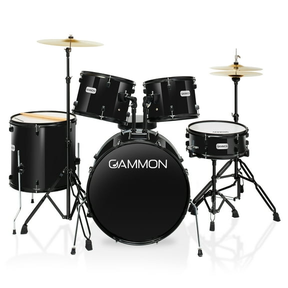 Gammon Percussion 5pc Adult Drum Set - Full Size Beginner Kit w/ Stool & Stands - Black