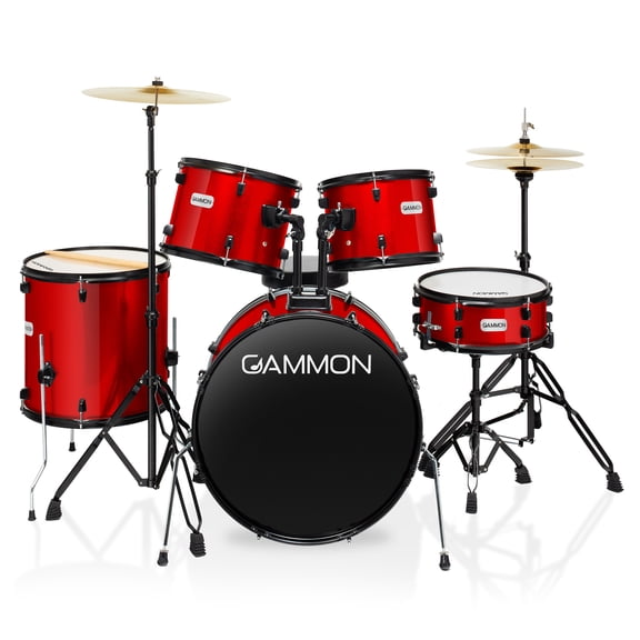 Gammon Percussion 5pc Adult Drum Set - Full Size Beginner Kit w/ Stool & Stands - Red