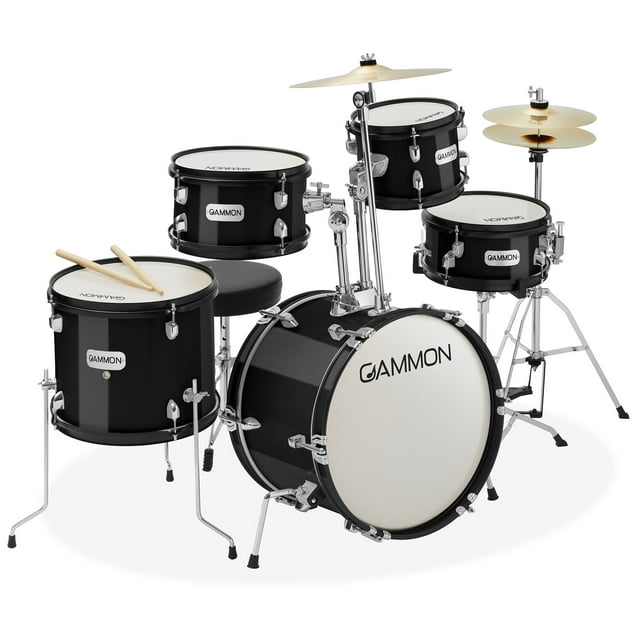 Gammon Percussion 5pc Junior Drum Set - Beginner Kit with Stool & Stands - Black