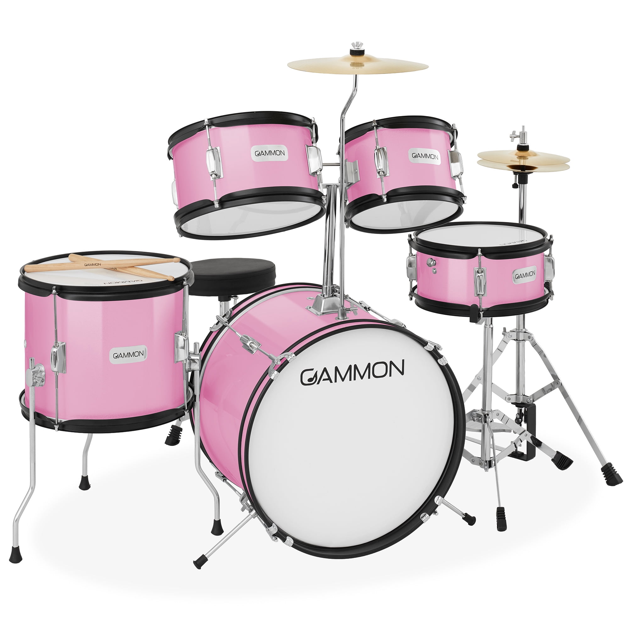 Gammon Percussion 5pc Junior Drum Set - Beginner Kit with Stool & Stands - Pink