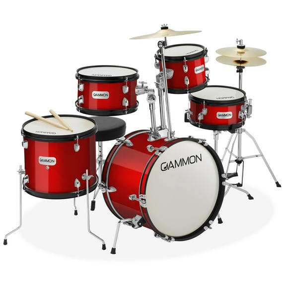 Gammon Percussion 5pc Junior Drum Set - Beginner Kit with Stool & Stands - Red