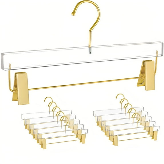 Gamvdout 10 Pcs Gold Acrylic Hangers Clear Hangers with Gold Hooks Luxurious Skirt Pants Hangers Gold Clips for Clothing Closet Storage