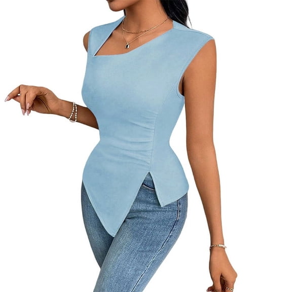 Gamvdout Adult Ladies Slant Neck Slim Fit Short Solid Color Top