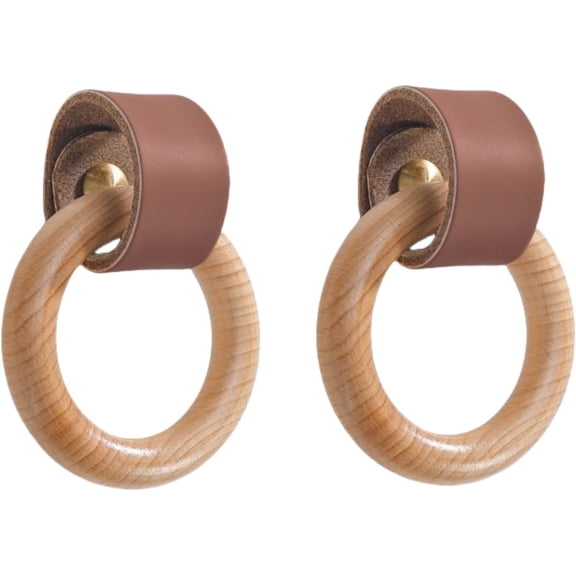 Gamvdout Drawer Knobs 2Pcs Chinese Style Log Single Hole Drawer Handle Wooden Cabinet Wardrobe Door Children'S Room Solid Wood Large Ring Handle Brown