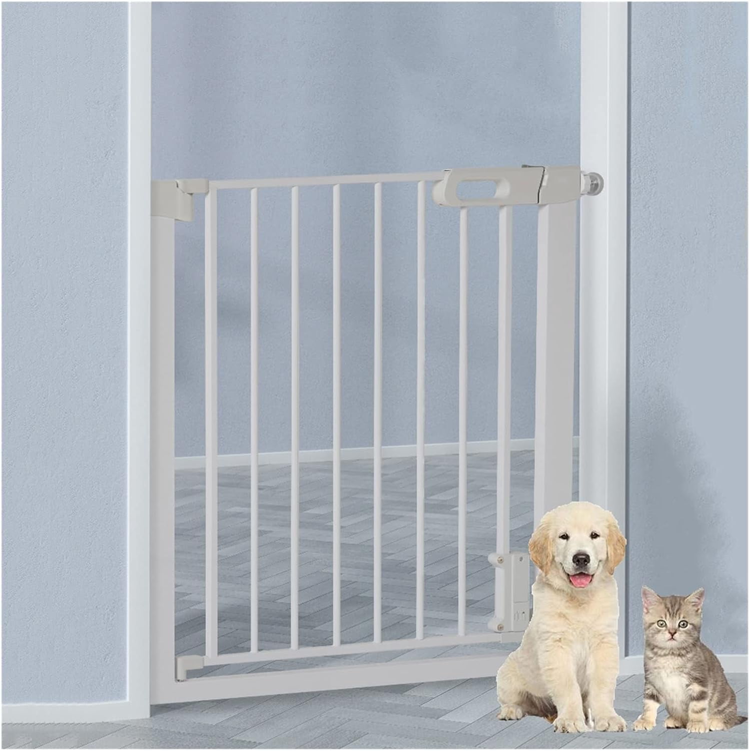 Gamvdout Stair Gate for Dogs, Wide 75-82Cm Metal Safety Gate, Tall 76Cm Pet Fence, for Doorways Hallways/White/Upgrade