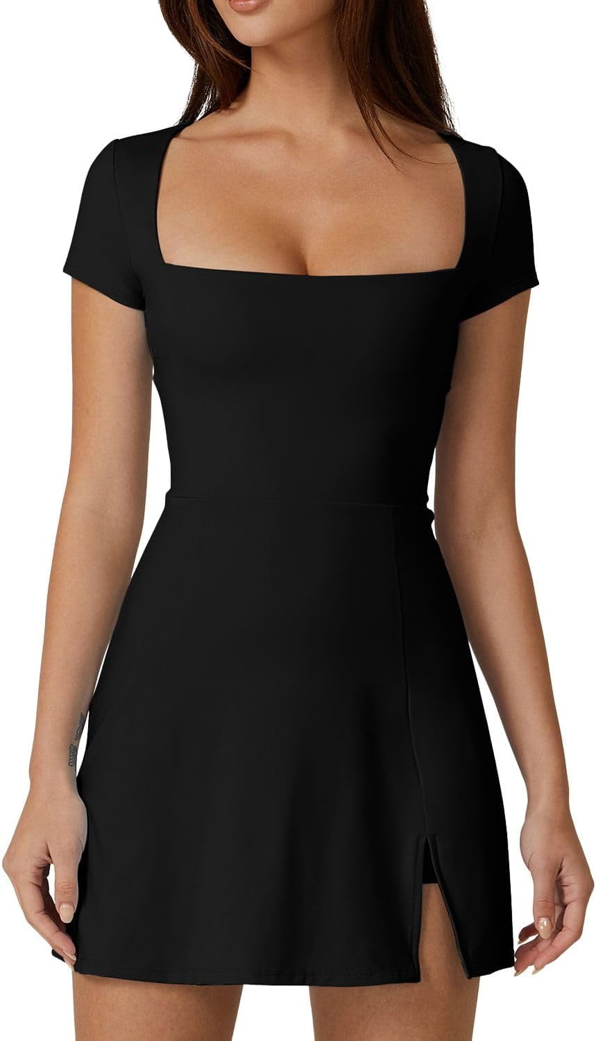 Gamvdout Womens Square Neck Tennis Dress Short Sleeve Built in Shorts Golf Athletic Dress