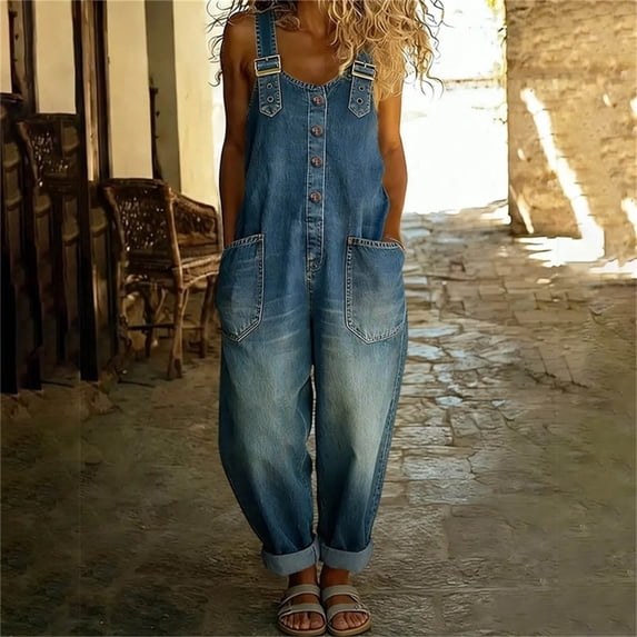 Gamviast Casual Denim Overalls for Women Loose Fit Baggy Bib Jumpsuits with Pockets Button Down Wide Leg Long Rompers Adjustable Straps Everyday Streetwear Playsuits Blue L