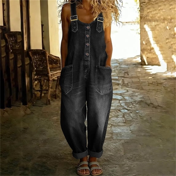 Gamviast Casual Denim Overalls for Women Loose Fit Baggy Bib Jumpsuits with Pockets Button Down Wide Leg Long Rompers Adjustable Straps Everyday Streetwear Playsuits Black XXL