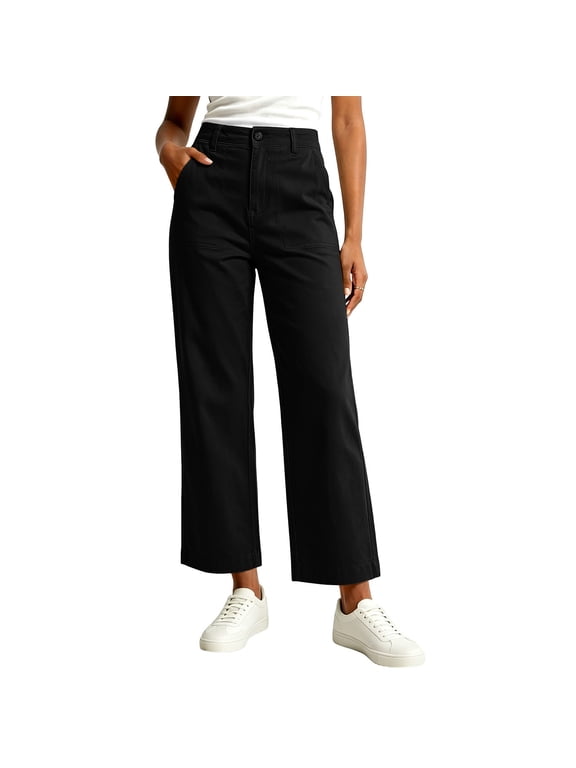 Gamviast Cropped Pants for Women Casual High Waisted Straight Leg Chinos with Pockets Loose Fit Work Office Trousers Lightweight Relaxed Everyday Wear Ankle Pants Black XL