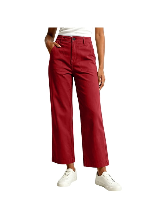 Gamviast Cropped Pants for Women Casual High Waisted Straight Leg Chinos with Pockets Loose Fit Work Office Trousers Lightweight Relaxed Everyday Wear Ankle Pants Red S