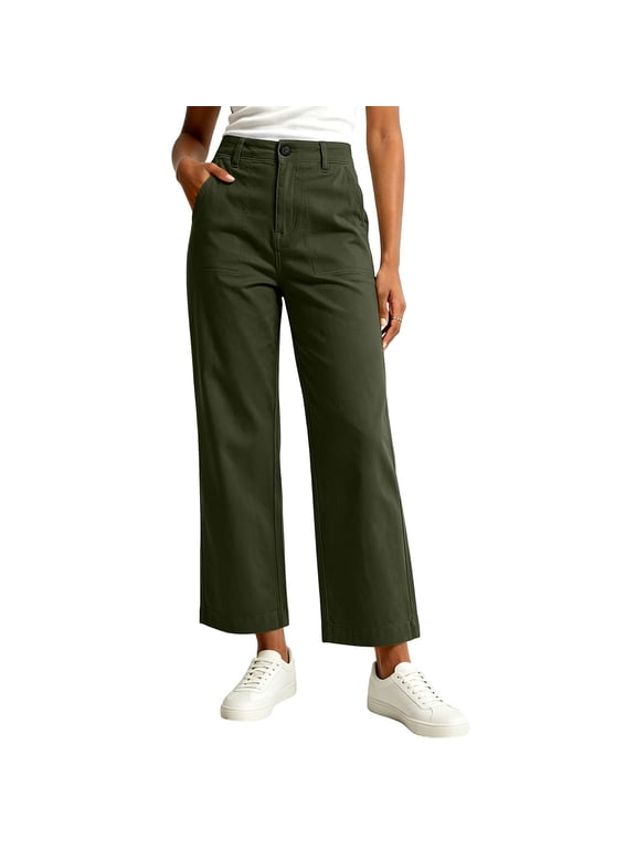 Gamviast Cropped Pants for Women Casual High Waisted Straight Leg Chinos with Pockets Loose Fit Work Office Trousers Lightweight Relaxed Everyday Wear Ankle Pants Army Green S