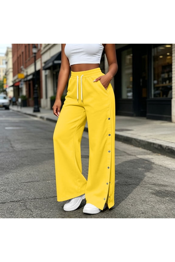 Gamviast Tearaway Pants for Women Side Snap Button Sweatpants High Waisted Elastic Athletic Joggers Track Pants with Pockets Casual Workout Lounge Trousers Activewear Yellow S
