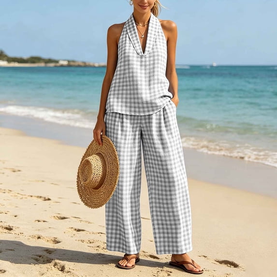 Gamviast Women's 2 Piece Gingham Pants Set Halter Neck Sleeveless Top and Wide Leg Palazzo Pants Matching Outfit with Pockets Casual Vacation Lounge Wear Gray S