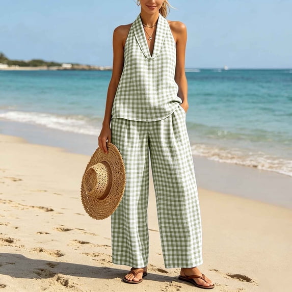Gamviast Women's 2 Piece Gingham Pants Set Halter Neck Sleeveless Top and Wide Leg Palazzo Pants Matching Outfit with Pockets Casual Vacation Lounge Wear Green XXL