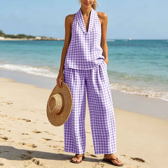 Gamviast Women's 2 Piece Gingham Pants Set Halter Neck Sleeveless Top and Wide Leg Palazzo Pants Matching Outfit with Pockets Casual Vacation Lounge Wear Purple XL
