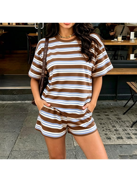 Gamviast Women's 2 Piece Shorts Set Striped Crew Neck T Shirt and Elastic Waist Lounge Shorts with Pockets Soft Casual Matching Outfit for Summer Travel Daily Wear Brown M