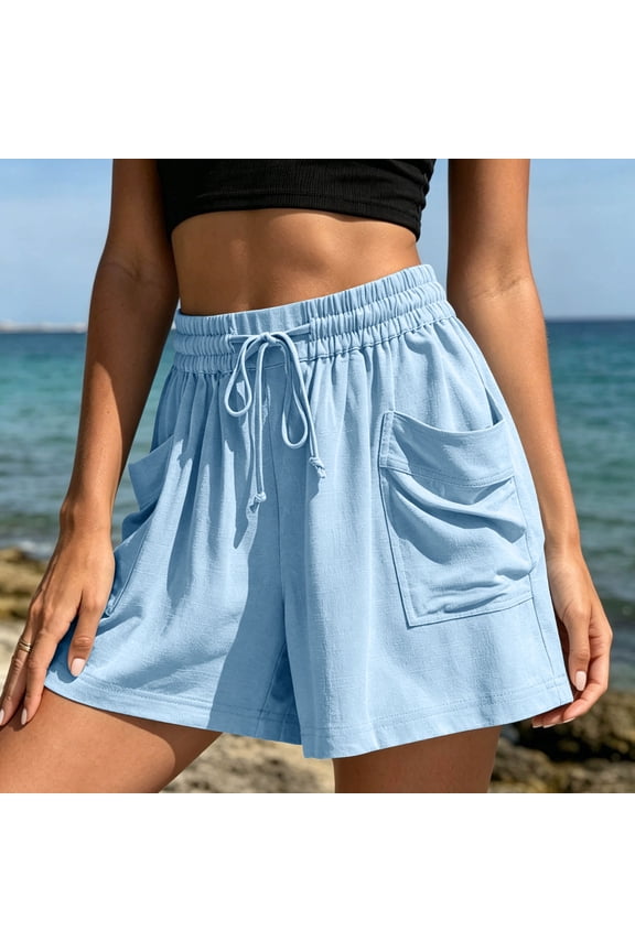 Gamviast Women's Casual Shorts Drawstring Elastic Waist Loose Fit Linen Look Summer Shorts with Patch Pockets Beach Lounge Travel Wear Sky Blue XXL