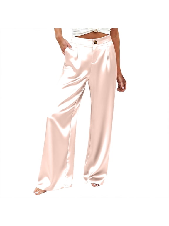Gamviast Women's Satin Wide Leg Pants High Waist Button Front Pleated Dress Pants Smooth Loose Fit Party Club Evening Trousers Beige XXL