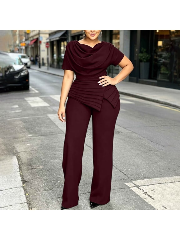 Gamviast Womens Plus Size 2 Piece Pants Set Draped Short Sleeve Top and Straight Leg Pants Dressy Matching Outfit Elegant Evening Wear for Wedding Guest Party Office Wine L