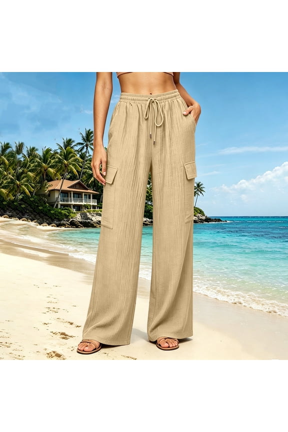 Gamviast Womens Wide Leg Cargo Pants Elastic Waist Drawstring Cotton Gauze Look Palazzo Pants with Side Pockets Lightweight Loose Fit for Beach Vacation Lounge Khaki S