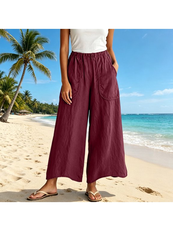 Gamviast Womens Wide Leg Pants Elastic Waist Crinkle Gauze Cropped Trousers with Patch Pockets Lightweight Beach Vacation Resort Casual Wear Wine S