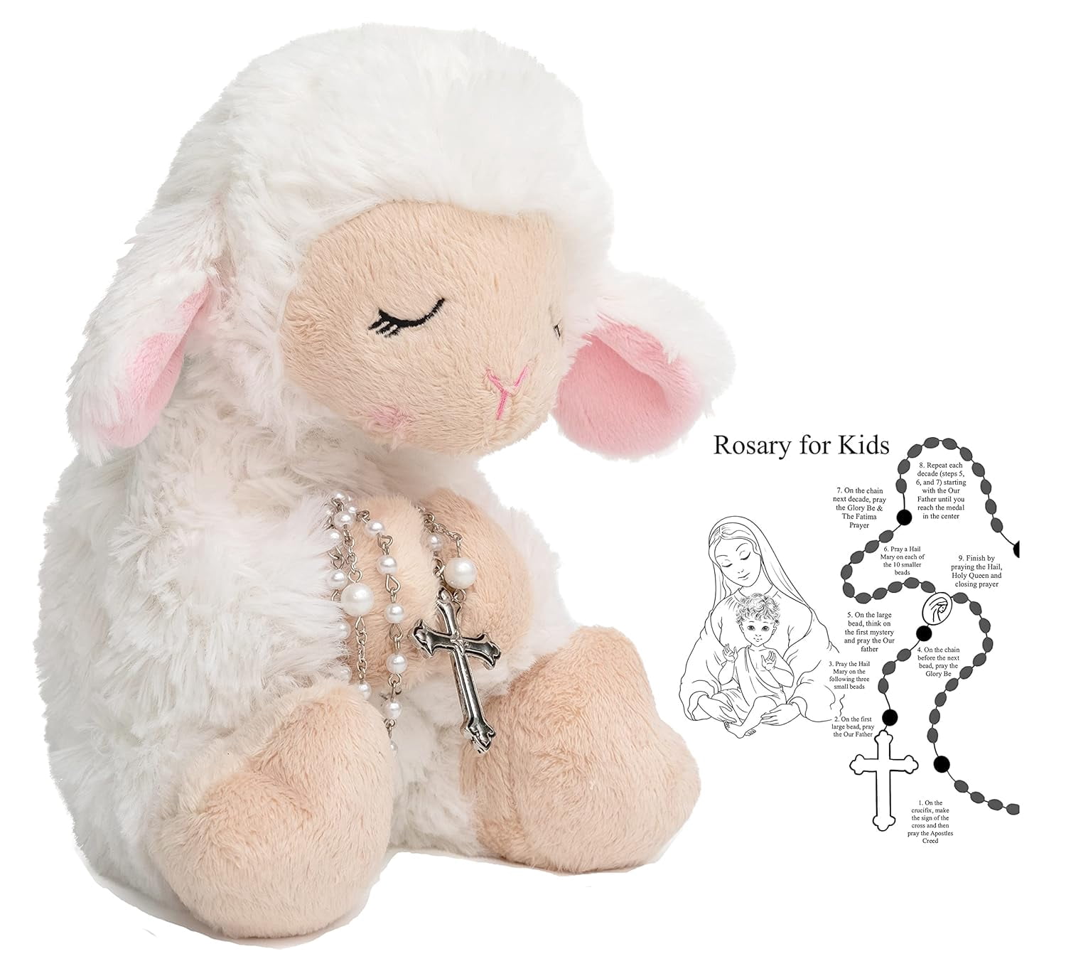 Gan Blessed Plush Lamb 8.5 inches with Rosary Set and Prayer Pamphlet in a box for girls and boys