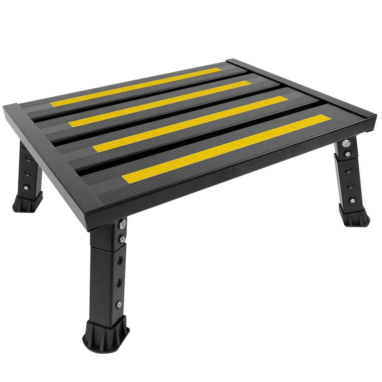 GanFindX Adjustable Height Aluminum RV Steps Stool Supports Up to 1,000 lb  with Non-Slip Rubber Feet and Platform Mat, Black 