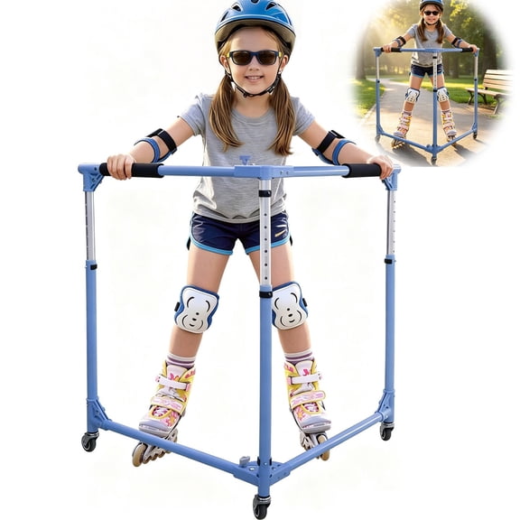 GanFindX Folding Kids Roller Skate Trainer, Adjustable Height Skater Aid Training Walker with Silent Casters for Toddlers Children, Denim Blue