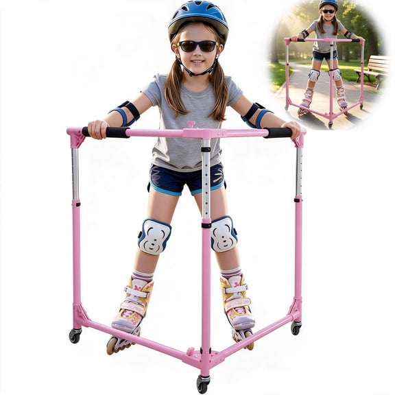GanFindX Folding Kids Roller Skate Trainer, Adjustable Height Training Walker Skater Aid with Silent Casters for Toddlers, Pink
