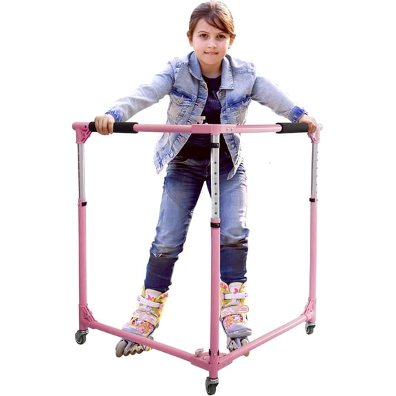GanFindX Folding Kids Roller Skate Trainer, Adjustable Height Skater Aid Training Walker with Silent Casters for Toddlers Children, Pink